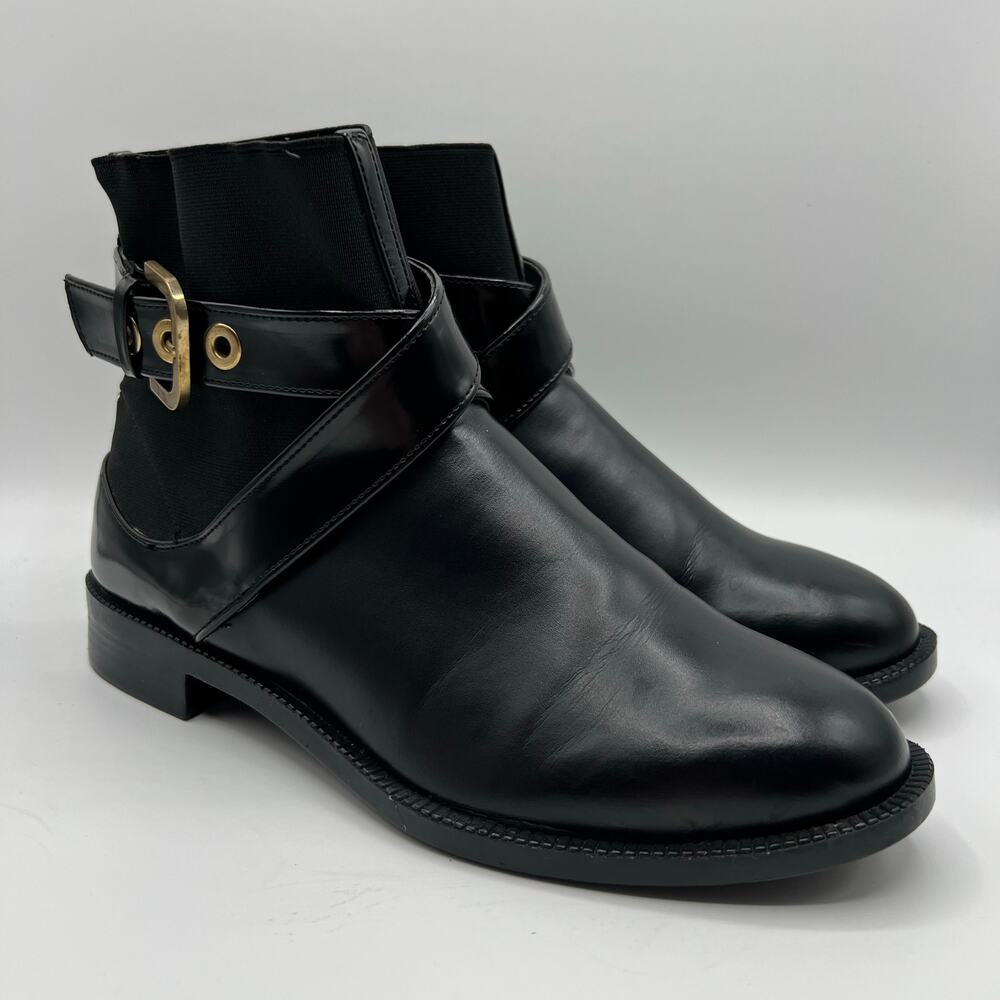 Zara Trafaluc Black Criss Cross Strap Gold Buckle Moto Ankle Boots | Women's 6.5 - Picture 2 of 11